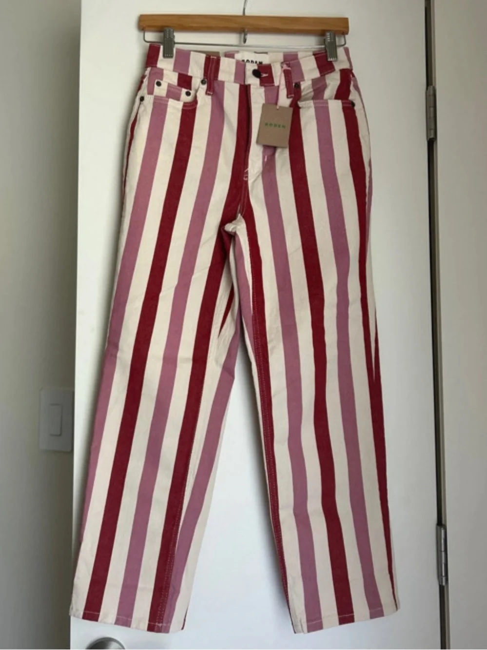 Boden Vertical Stripe Straight-Leg Jeans in Pink & Burgundy - Picture 1 of 7
